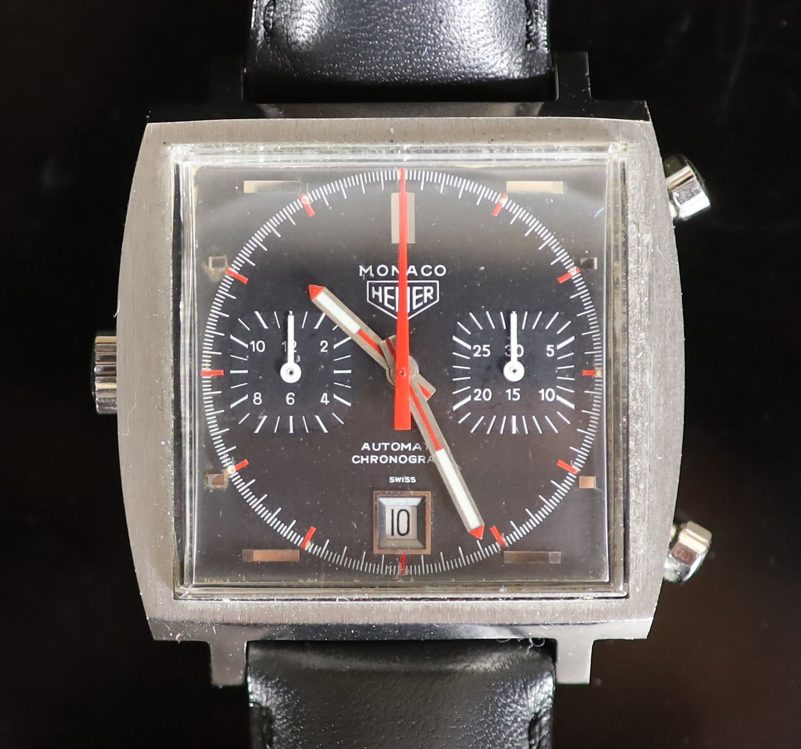 A gentleman's early 1970's steel Heuer Monaco Automatic Chronograph square cased wrist watch, on later associated leather strap